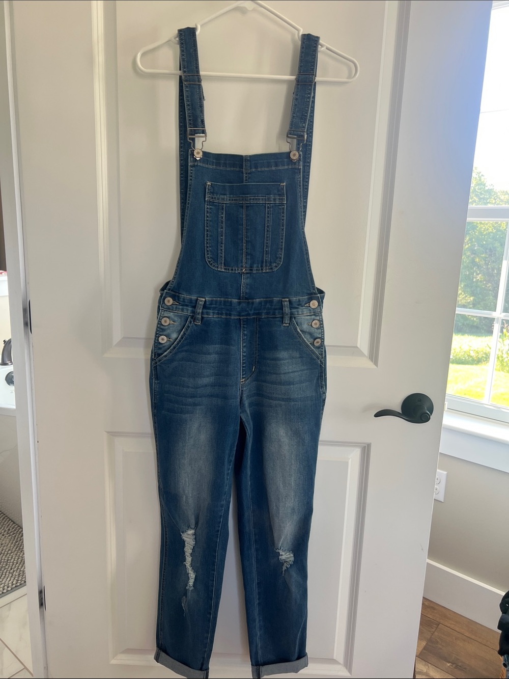 KanCan Medium Blue Distressed Denim Overalls for Women